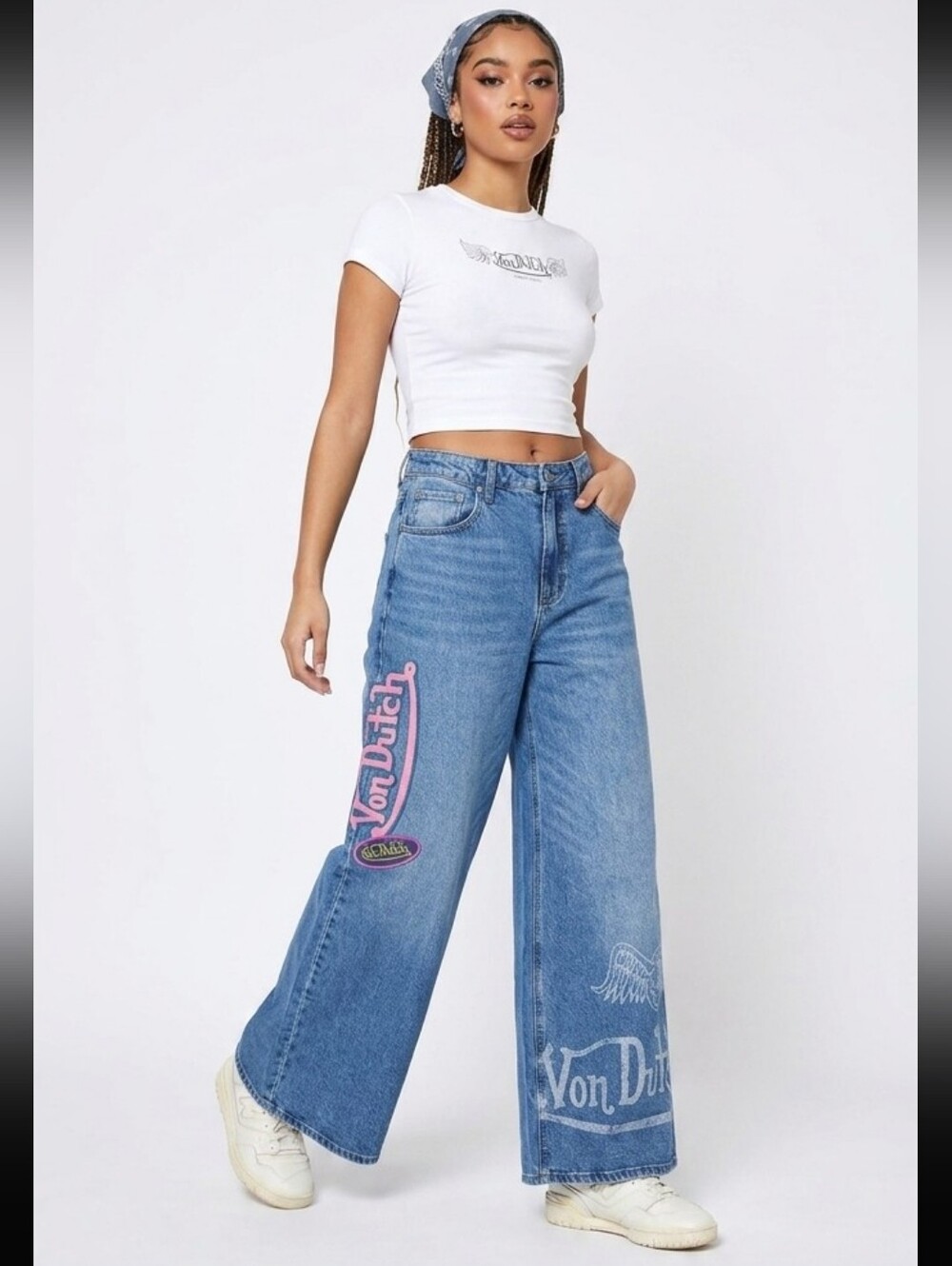 Von Dutch Y2K Graphic Logo Wide Leg Embroidered Patch Dusty Chill Blue Jeans 27